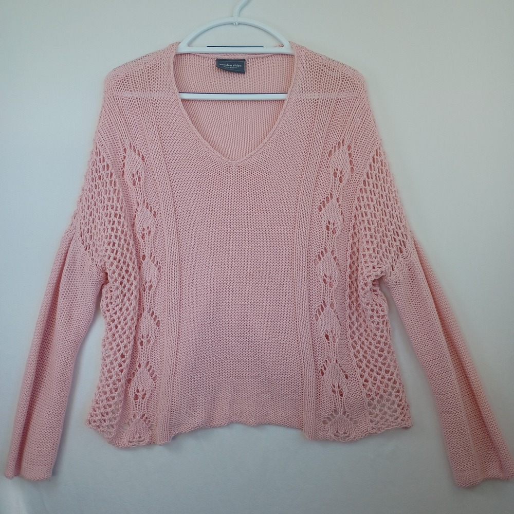 Wooden Ships Pink V Neck Crochet Knit Sweater M L Cotton Acrylic - Picture 8 of 8